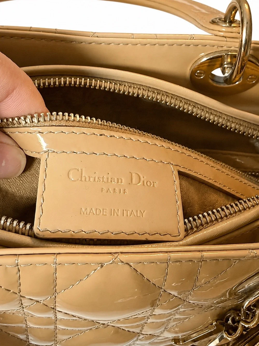 Christian Dior Large Lady Dior Patent Leather Tote Beige/Nude with Strap